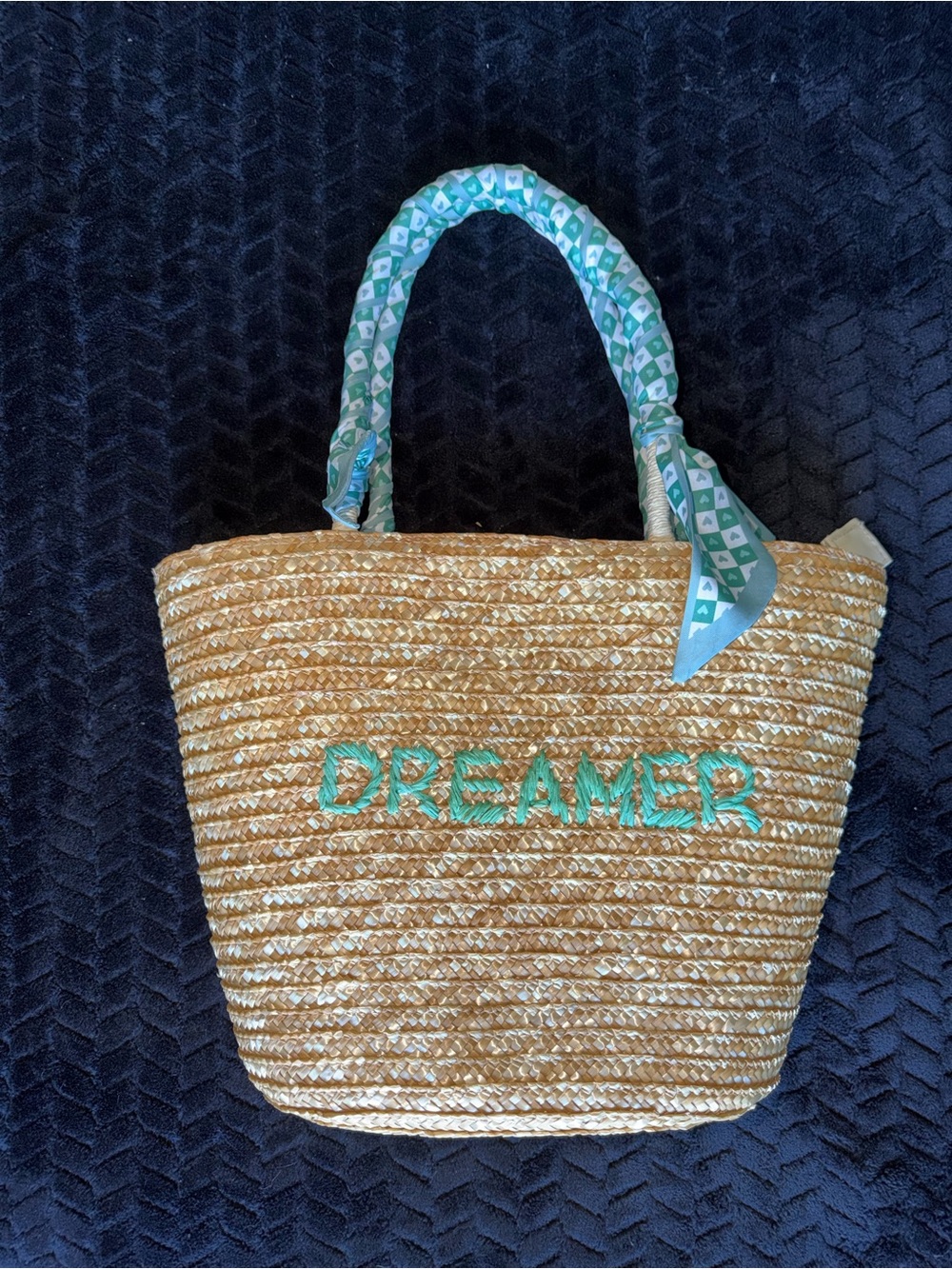 Vintage Havana Natural Straw Tote with Turquoise Accents